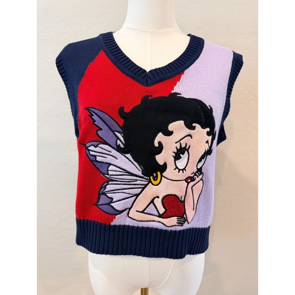 Minga London Betty Boop Fairy Sweater Vest Small Color Block V Neck Knit Crop